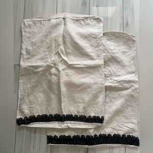 2 West Elm Linen Pillow Cases 20x26  Beige Black Flower Embroidery